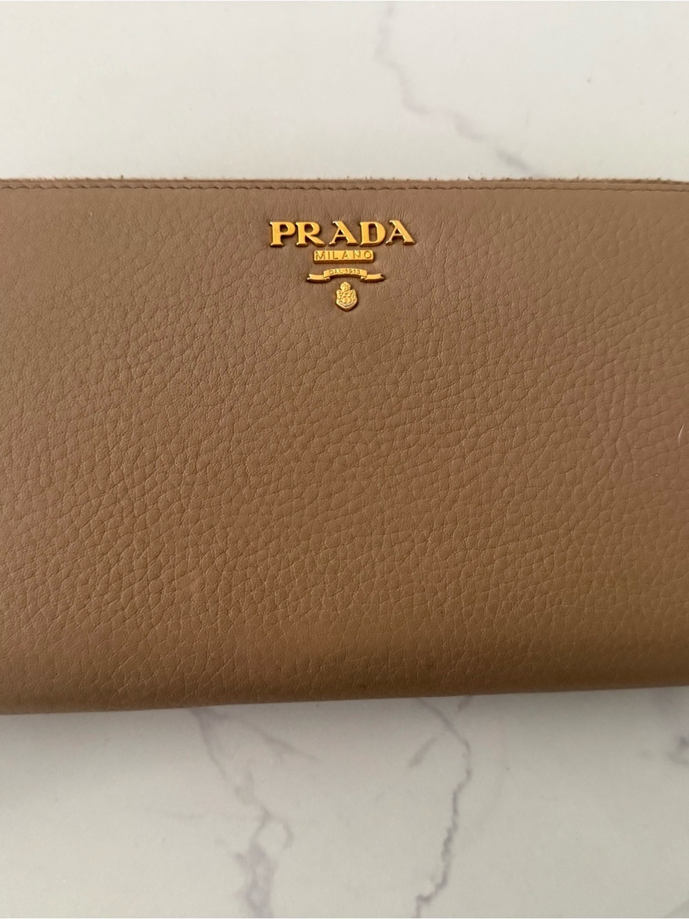 Prada Tan Leather Continental Wallet with Gold Logo Hardware